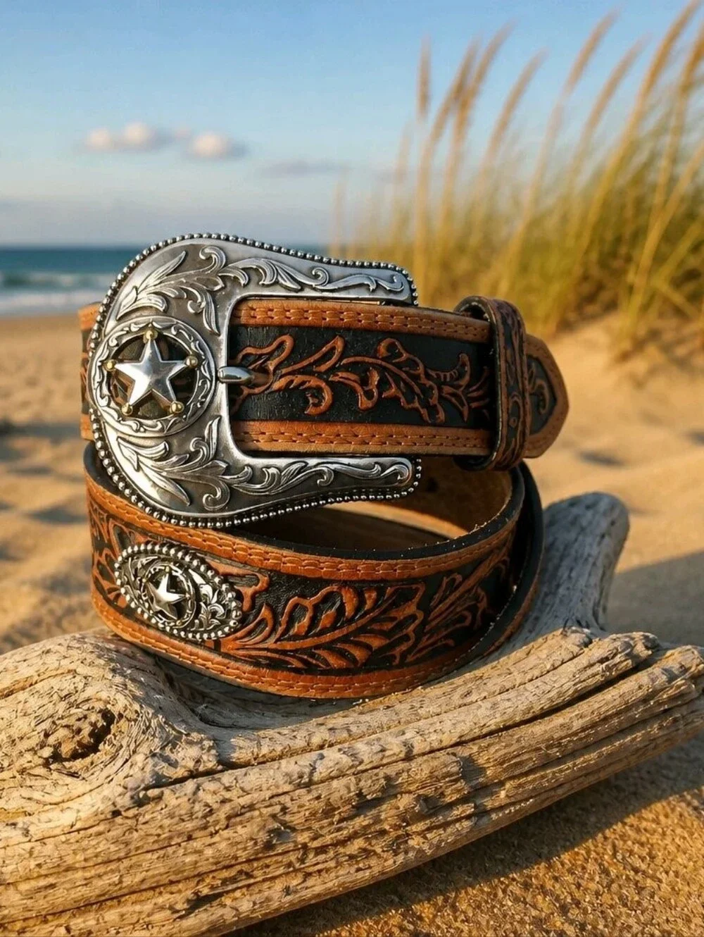 Justin Men's Brown Tooled Leather Belt with Silver Star Buckle 42x1.5 (B22WB)